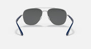 Silver-tone aviator sunglasses with dark gray lenses and blue arms.