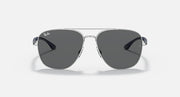 Silver-tone aviator sunglasses with dark gray lenses, front view.