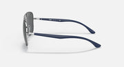 Silver-tone aviator sunglasses with dark lenses and blue curved temples.