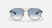 Gold-tone aviator sunglasses with light blue gradient lenses and dark blue arms.