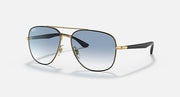 Gold-tone aviator sunglasses with blue gradient lenses and dark blue temples.