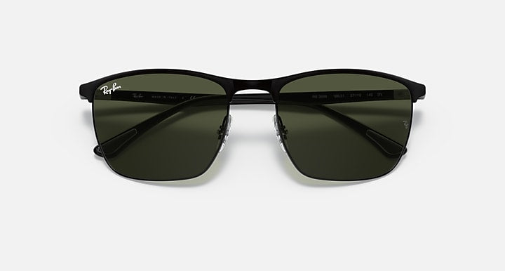 Ray-Ban RB3686 sunglasses, dark green lenses, black frame with slim gold details