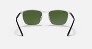 Sunglasses with green lenses and clear light frame, front view