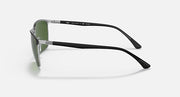 Sunglasses with green lenses and black-and-silver frame, side profile