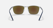 Sunglasses with olive lenses and light frame with dark blue temples