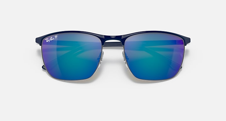 Sunglasses with blue mirrored lenses and dark frame, centered front view