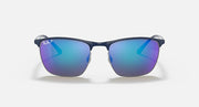 Sunglasses with blue mirrored lenses and dark frame, front view