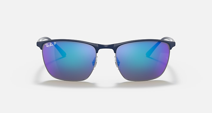 Sunglasses with blue mirrored lenses and dark frame, front view