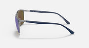 Sunglasses with blue lenses and dark blue frame, side profile with temple tips