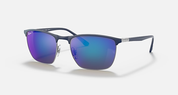 Sunglasses with blue mirrored lenses and dark frame, metal bridge visible