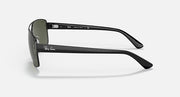 Side view of black sunglasses with green gradient lenses and slim temples.