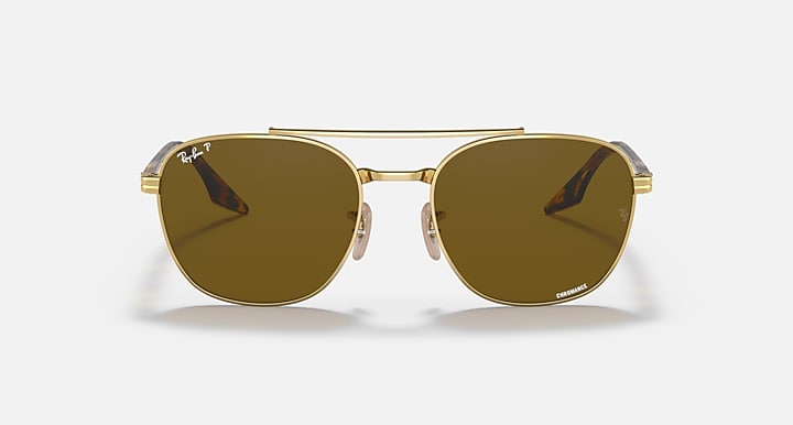 Ray-Ban sunglasses with gold-tone frame and dark brown lenses, front view