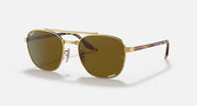 Ray-Ban sunglasses with gold-tone frame and dark brown mirrored lenses, metal temples