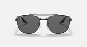Round sunglasses with dark gray lenses and black metal frame, front view