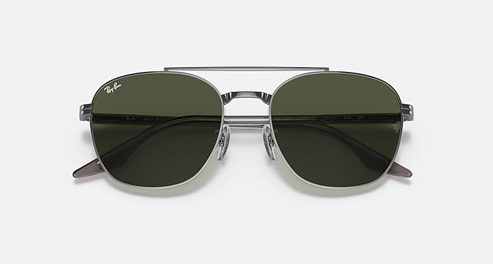 Ray-Ban sunglasses with gunmetal-tone frame and dark green lenses, front close-up