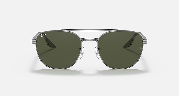 Ray-Ban sunglasses with gunmetal-tone frame and dark green lenses, front view