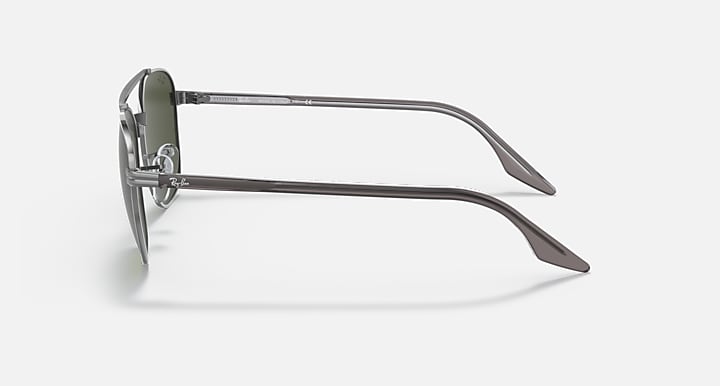 Ray-Ban sunglasses with gunmetal-tone frame and dark green lenses, side view