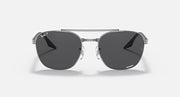 Round sunglasses with dark lenses and black metal frame, 3/4 view from front