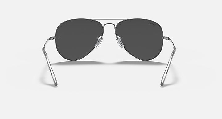 Ray-Ban aviator metal sunglasses with dark lenses and gunmetal frame, front full view