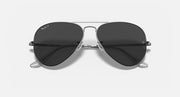 Ray-Ban aviator metal sunglasses with dark lenses and gunmetal frame, center close view