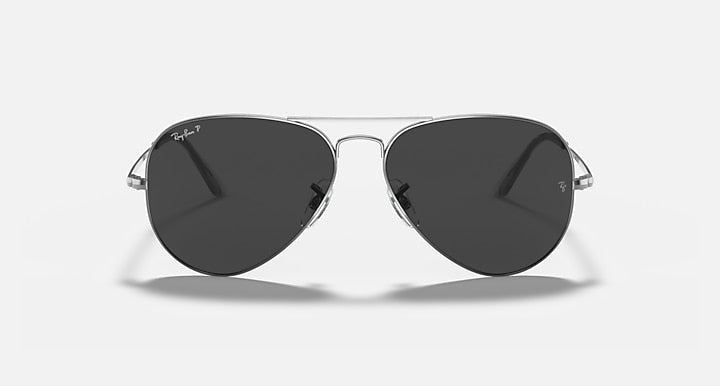 Ray-Ban aviator metal sunglasses with dark lenses and gunmetal frame, front view