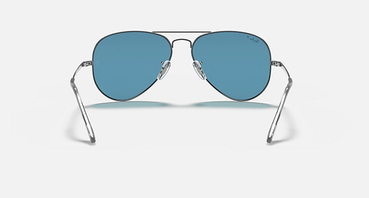 Ray-Ban aviator metal sunglasses with blue mirrored lenses and silver-tone bridge detail