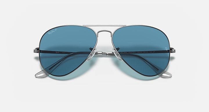 Ray-Ban aviator metal sunglasses with blue mirrored lenses and slim silver bar between lenses