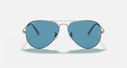Ray-Ban aviator metal sunglasses with blue mirrored lenses, front view, silver-tone frame