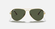 Gold aviator sunglasses with dark green tinted lenses and teardrop frame shape