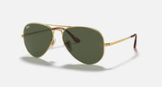 Gold aviator metal sunglasses with dark green lenses and thin side arms