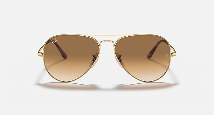 Ray-Ban Aviator Metal II sunglasses, front view, gold frame with amber-brown lenses