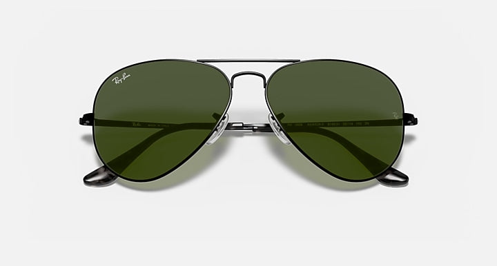 Ray-Ban aviator metal sunglasses, dark green lenses, black frame, front angled view