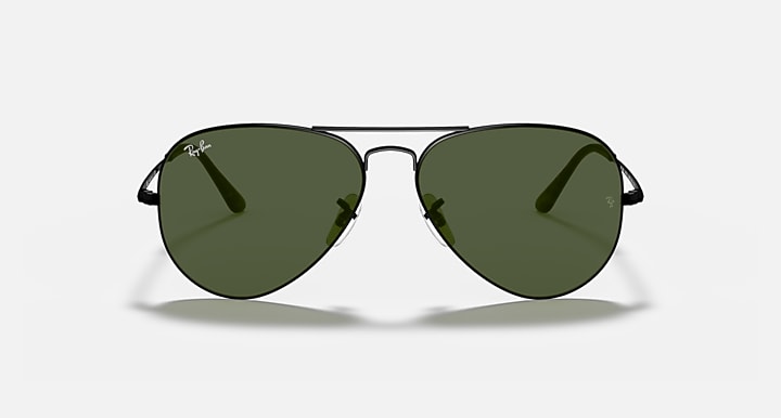 Ray-Ban aviator metal sunglasses, dark green lenses, black metal frame front view