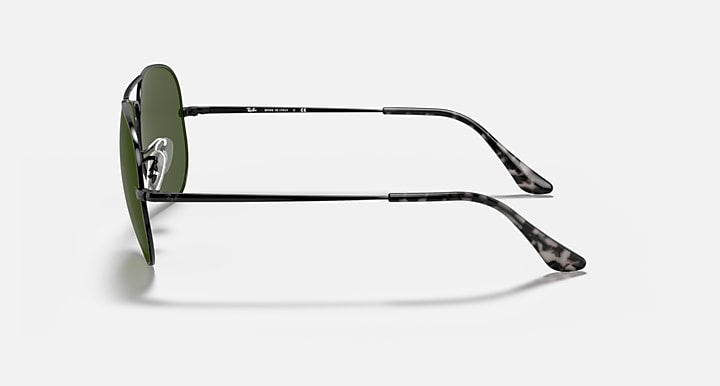 Ray-Ban aviator metal sunglasses, dark green lenses, black frame with patterned temples