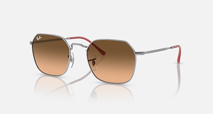 Ray-Ban Jim sunglasses with silver frame, brown gradient lenses, red temple tips