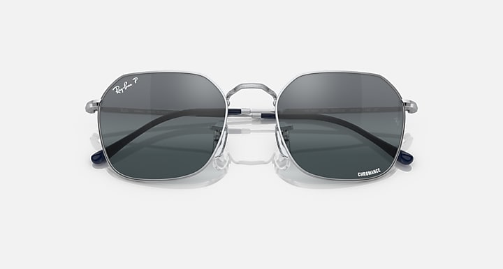 Square sunglasses with silver frame and dark smoke gradient lenses, front view