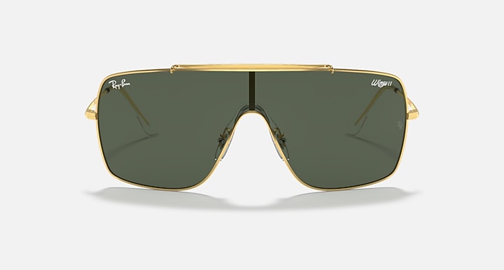 Gold-tone aviator sunglasses with dark green lenses, straight-on front view