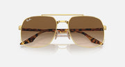 Gold frame square sunglasses with dark brown lenses and tortoise arm detail