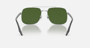 Silver frame square sunglasses with green lenses and clear bridge, front view