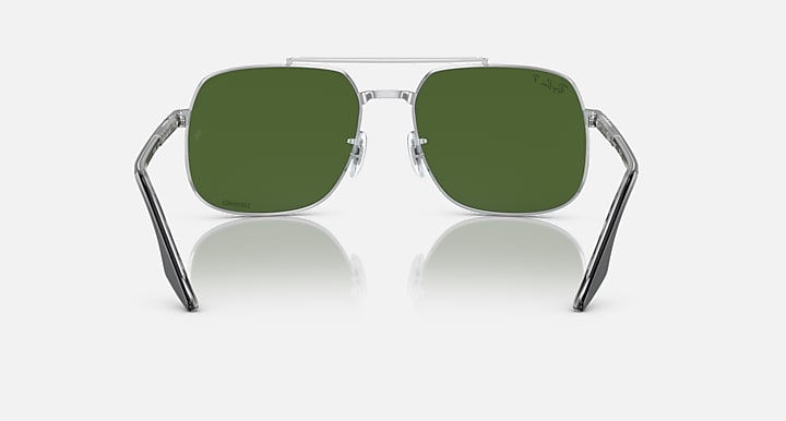 Silver frame square sunglasses with green lenses and clear bridge, front view
