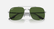 Silver frame square sunglasses with dark green lenses and tinted gradient stripe