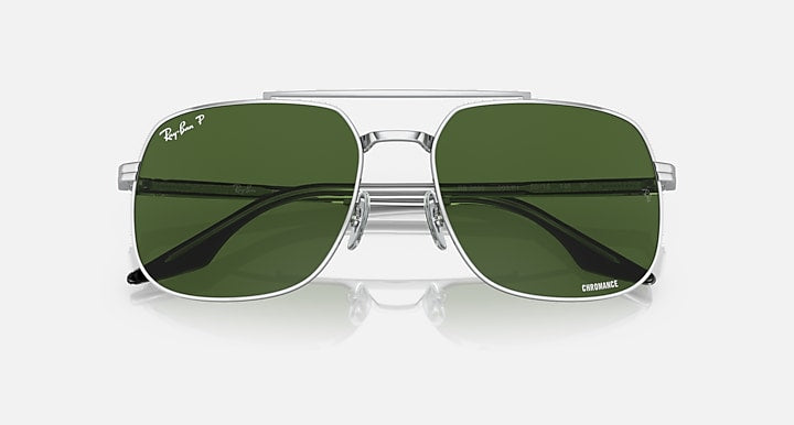 Silver frame square sunglasses with dark green lenses and tinted gradient stripe