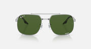 Silver frame square sunglasses with dark green lenses, front view