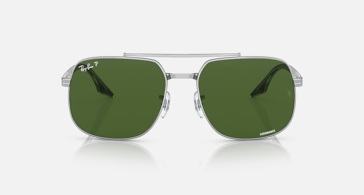 Silver frame square sunglasses with dark green lenses, front view