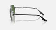 Silver frame sunglasses with green lenses and black underside temples, side view