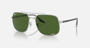 Silver frame square sunglasses with green polarized lenses and clear temple tips
