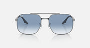 Front view square sunglasses with silver-tone frame and blue gradient lenses