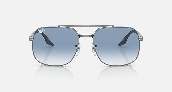Front view square sunglasses with silver-tone frame and blue gradient lenses