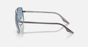 Side view square sunglasses with silver-tone frame and blue tinted lenses