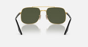 Square sunglasses with dark green lenses, black frame, and gold bridge
